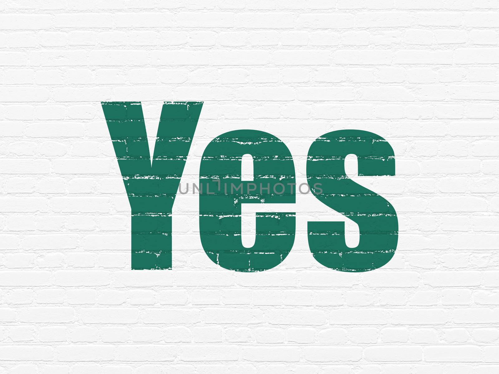 Finance concept: Painted green text Yes on White Brick wall background