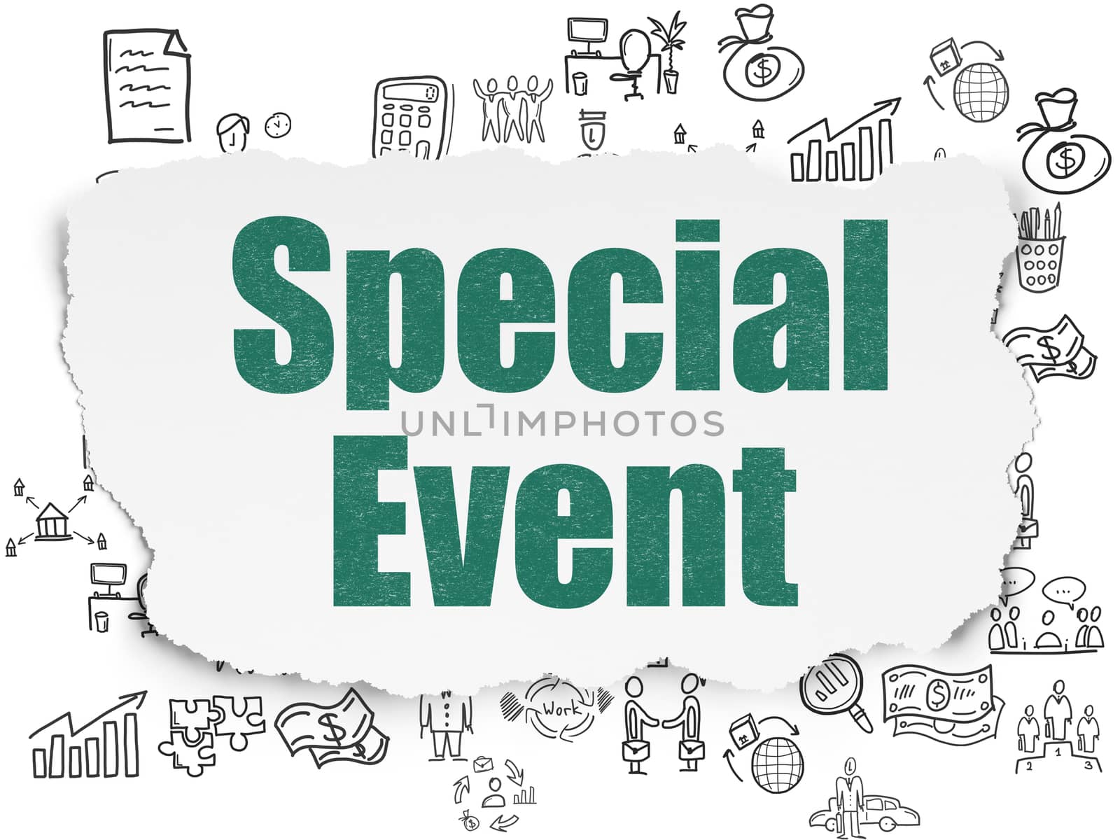 Business concept: Painted green text Special Event on Torn Paper background with  Hand Drawn Business Icons