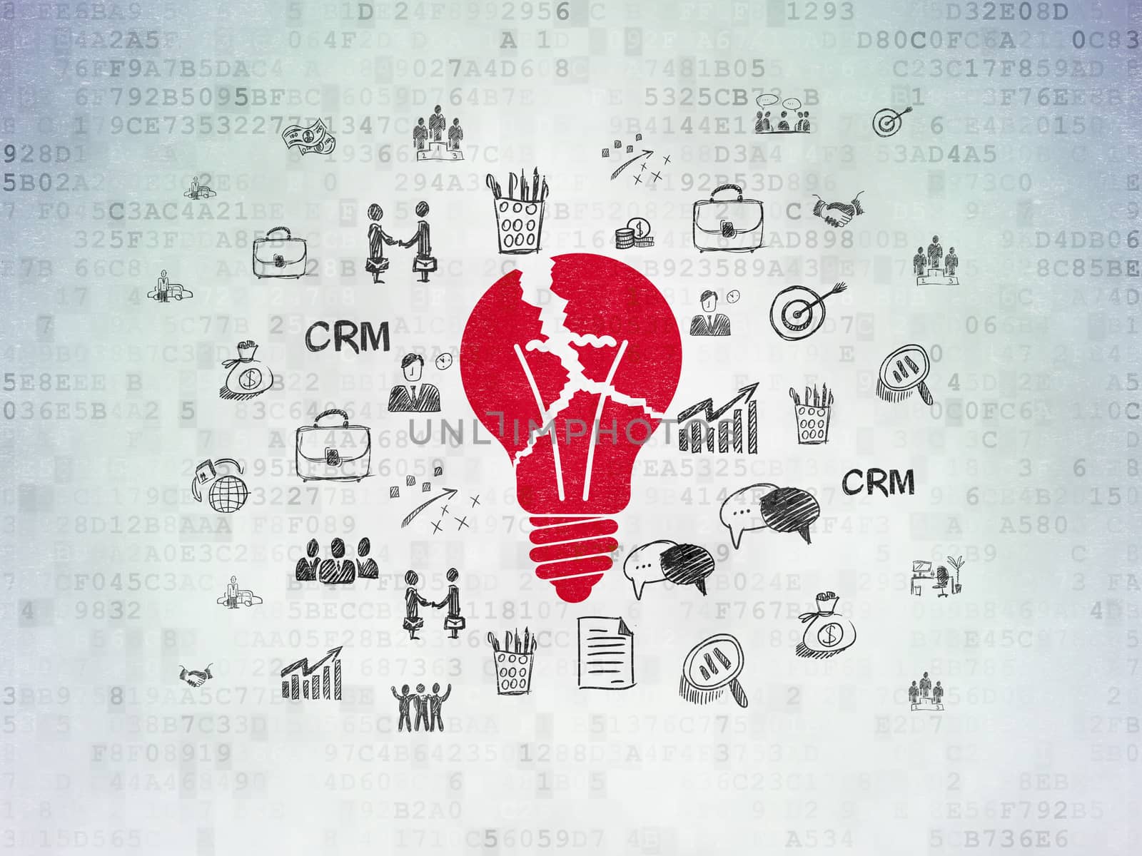 Business concept: Painted red Light Bulb icon on Digital Data Paper background with  Hand Drawn Business Icons