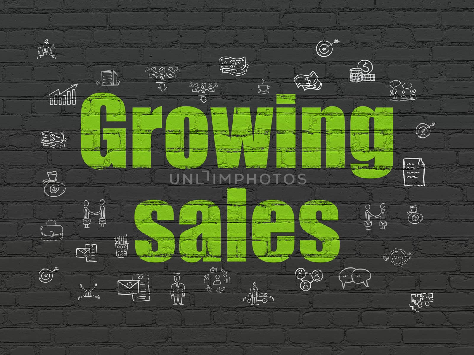 Finance concept: Painted green text Growing Sales on Black Brick wall background with  Hand Drawn Business Icons