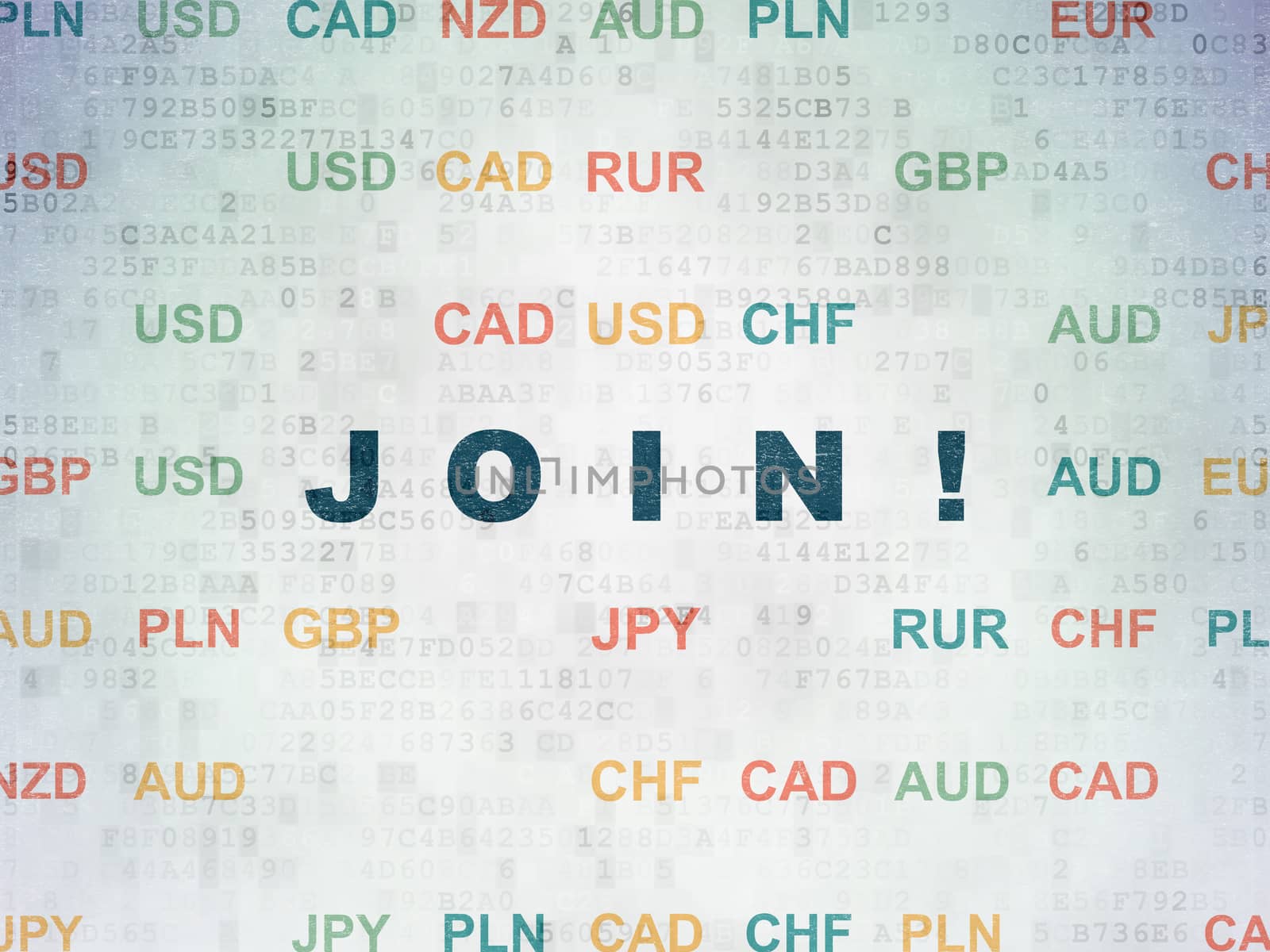 Business concept: Painted blue text Join! on Digital Data Paper background with Currency