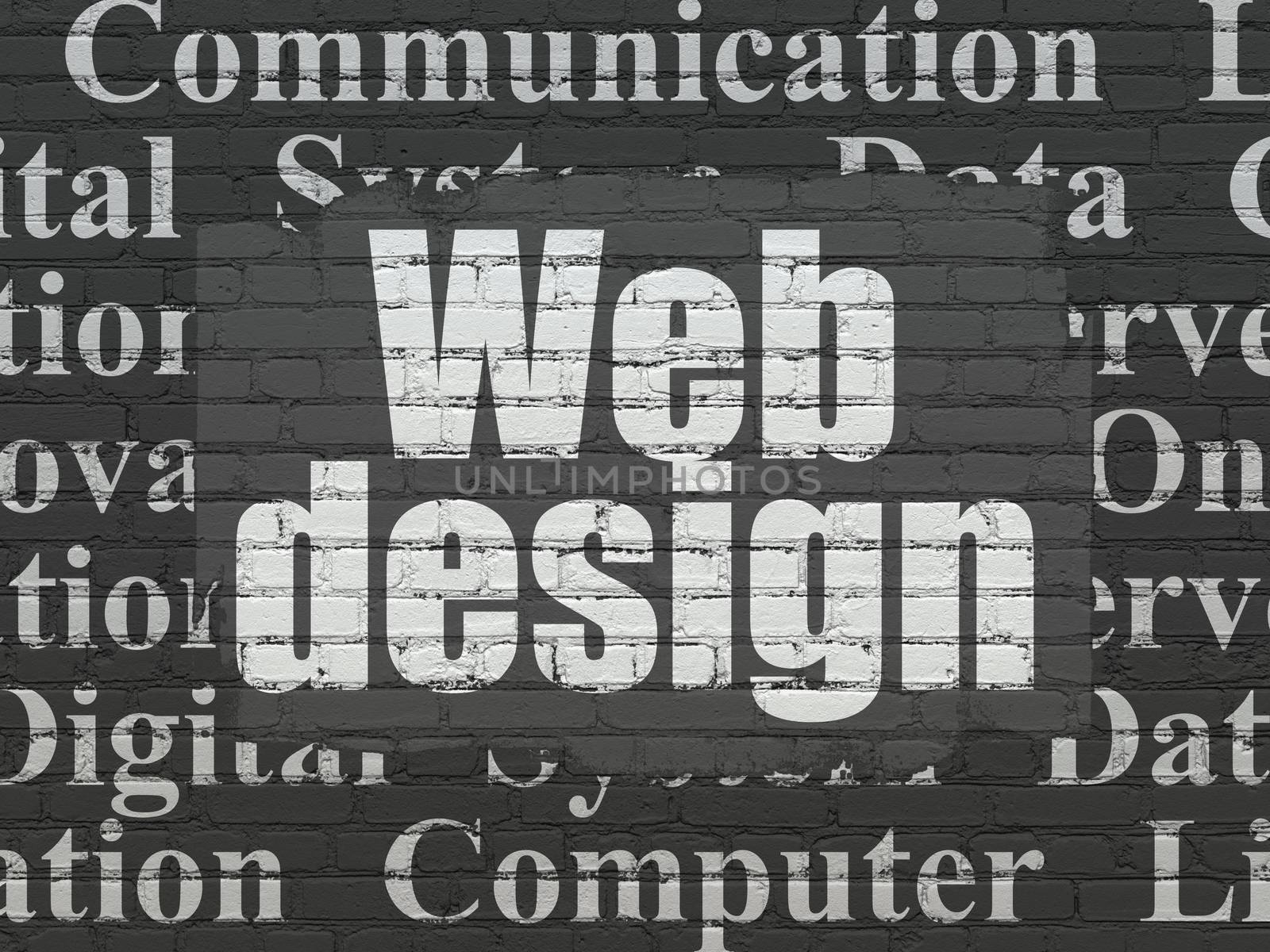 Web design concept: Painted white text Web Design on Black Brick wall background with  Tag Cloud