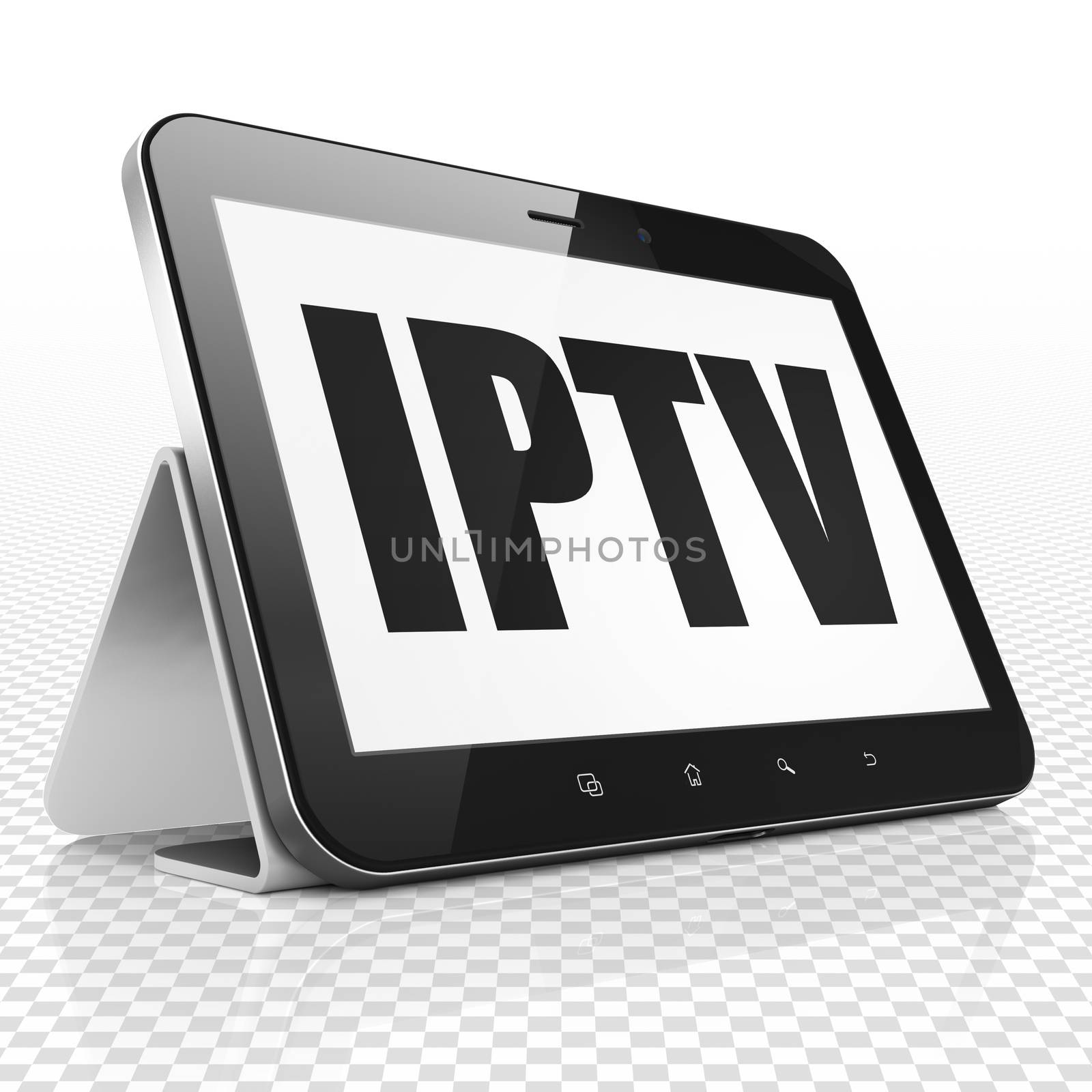 Web development concept: Tablet Computer with black text IPTV on display, 3D rendering