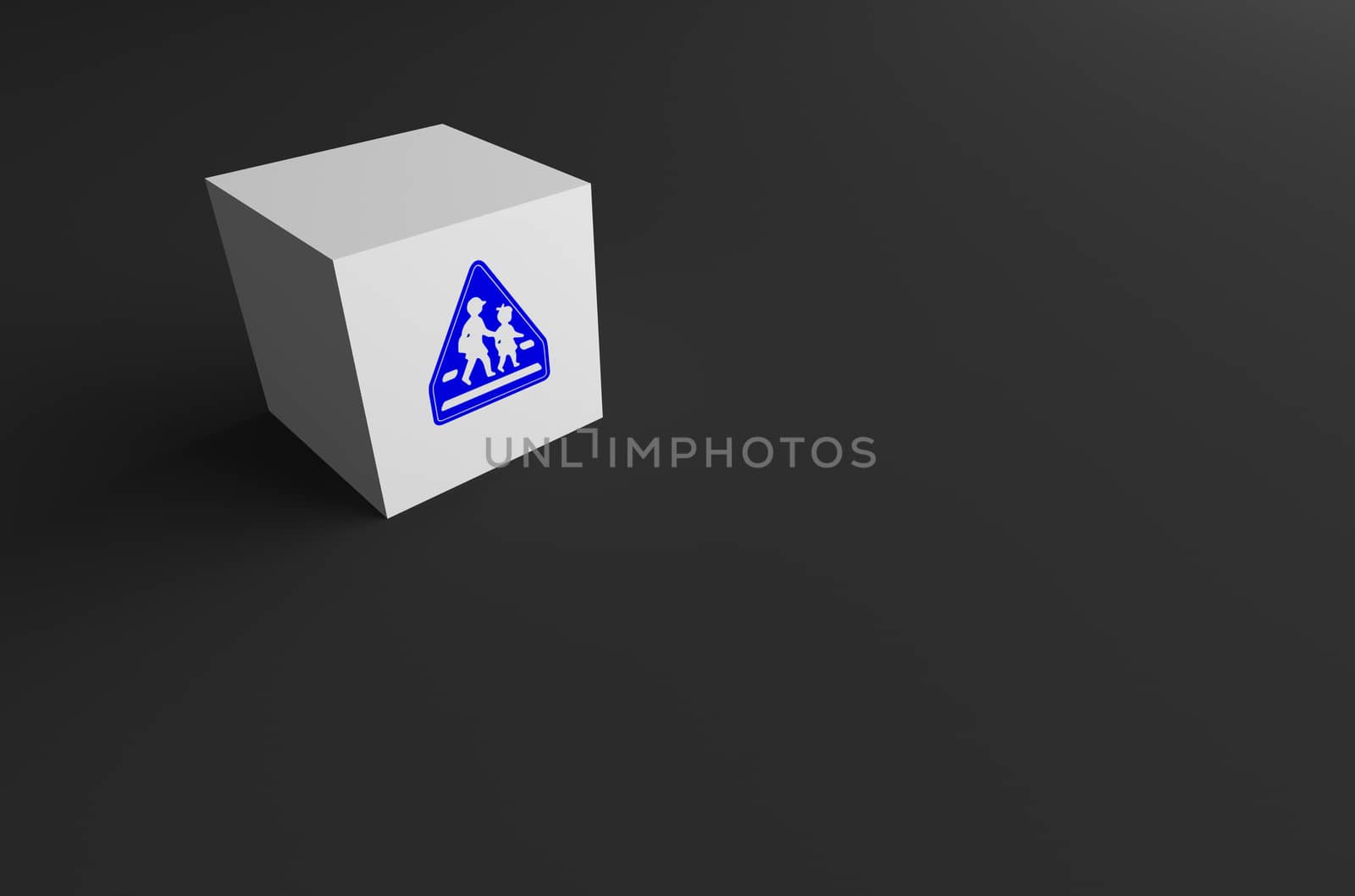 3D RENDERING OF ROAD SIGN ON WHITE CUBE WITH BLACK BACKGROUND
