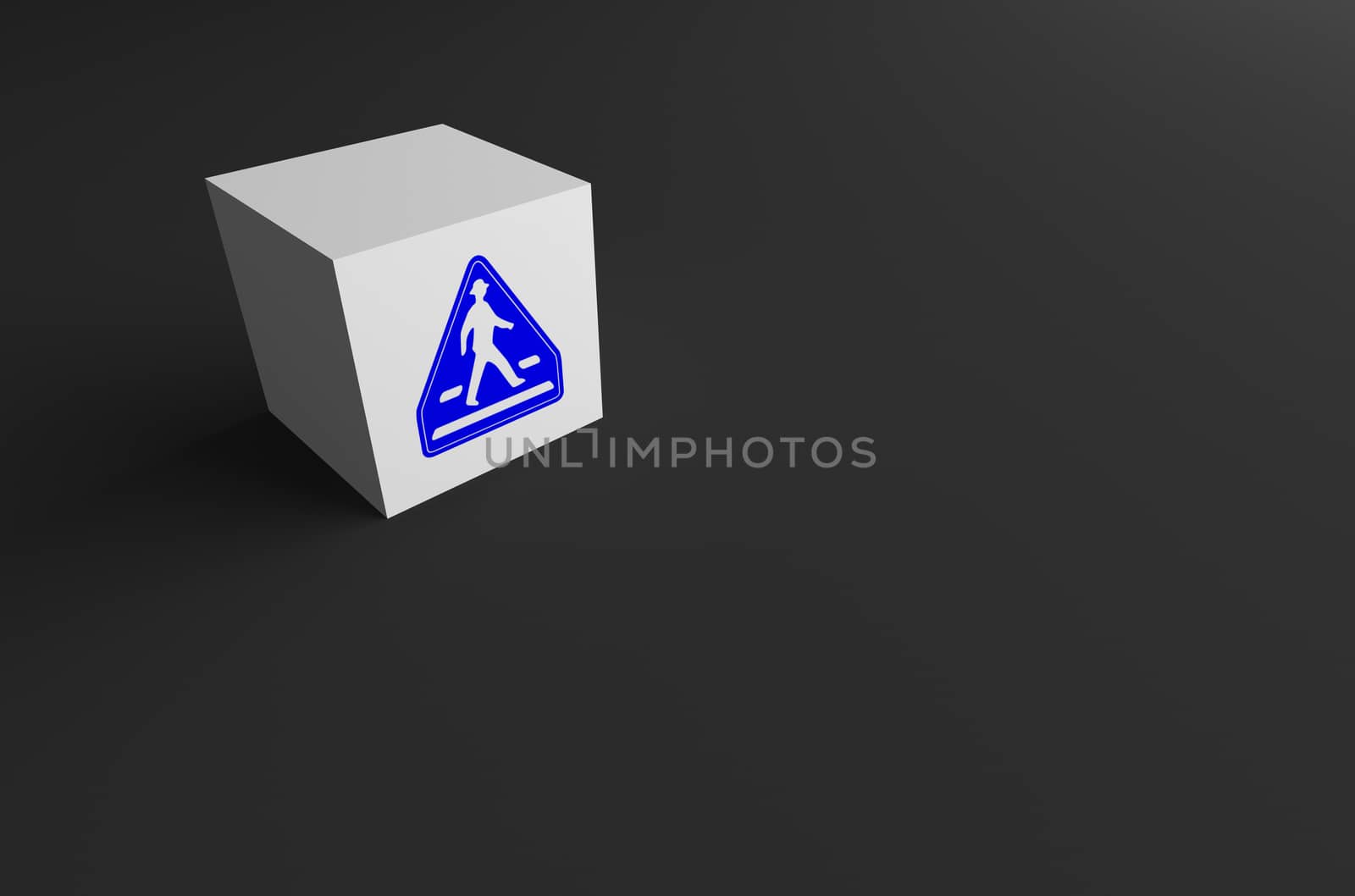3D RENDERING OF ROAD SIGN ON WHITE CUBE WITH BLACK BACKGROUND