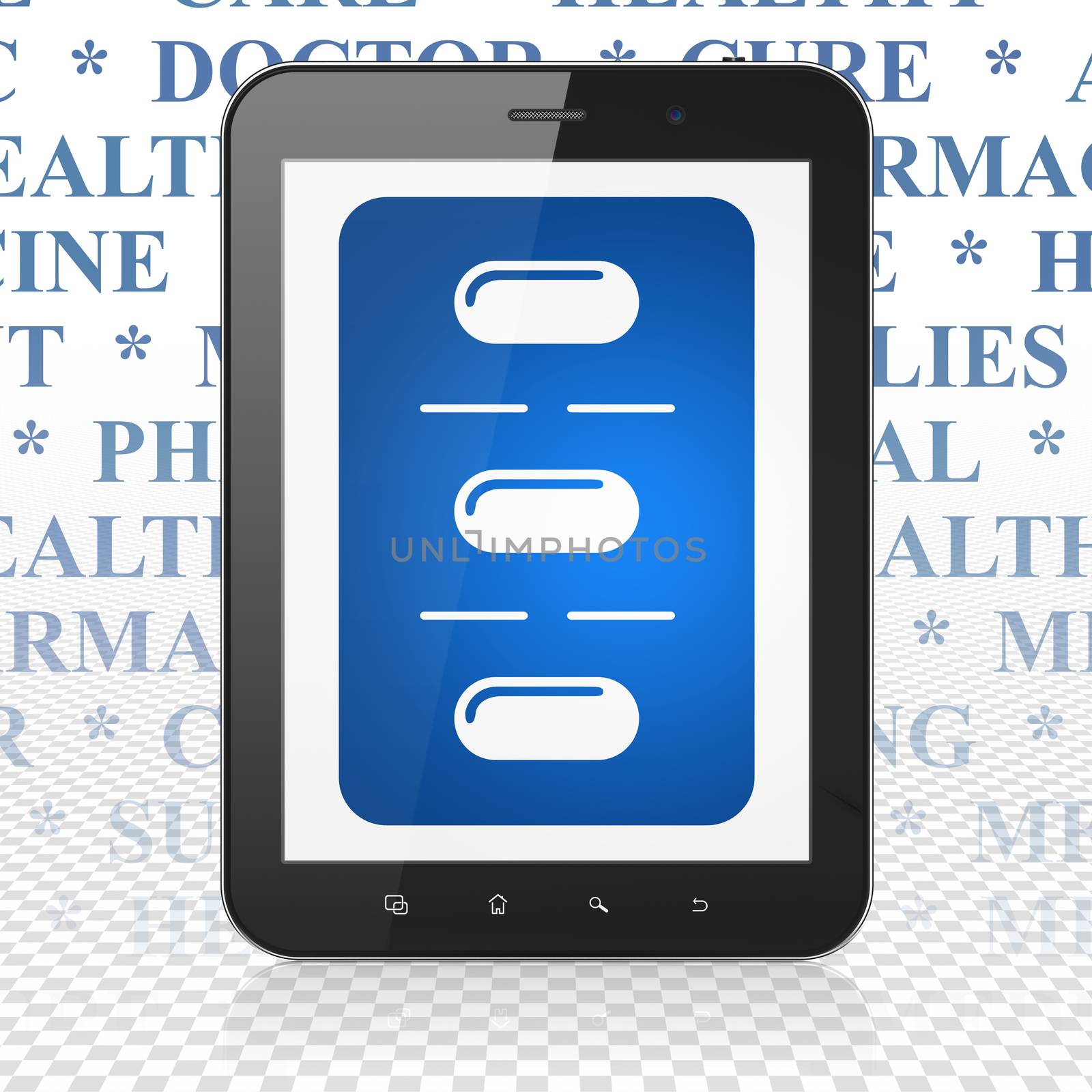 Medicine concept: Tablet Computer with  blue Pills Blister icon on display,  Tag Cloud background, 3D rendering