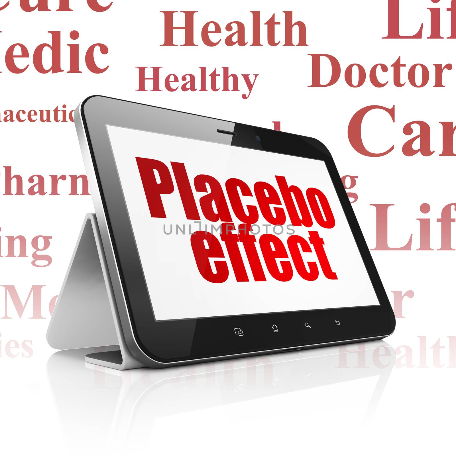 Healthcare concept: Tablet Computer with  red text Placebo Effect on display,  Tag Cloud background, 3D rendering