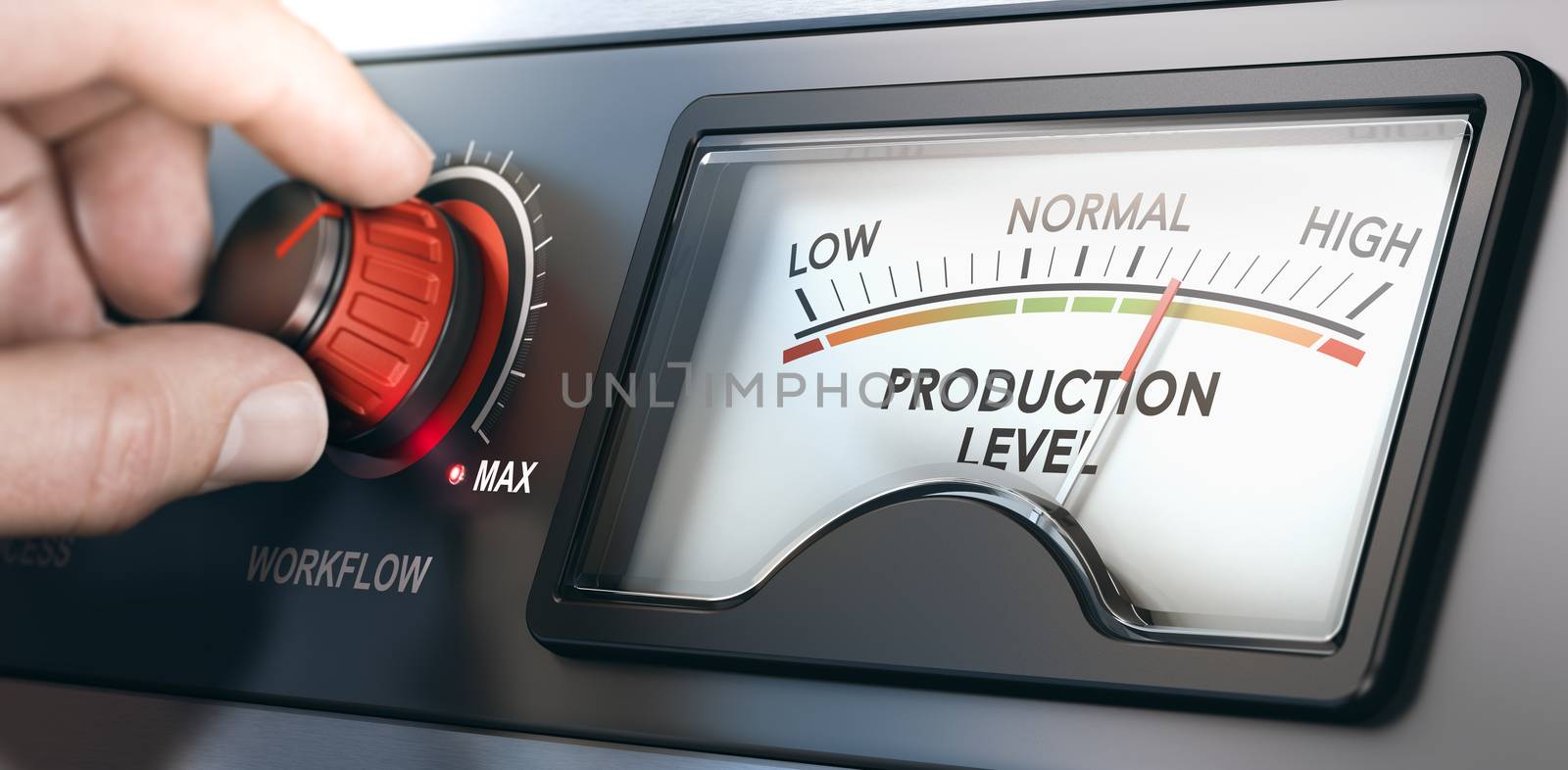 3D illustration of a production dashboard with hand turning a red knob. Concept of correlation between workflow and productivity. Composite image between a hand photography and a 3D background.