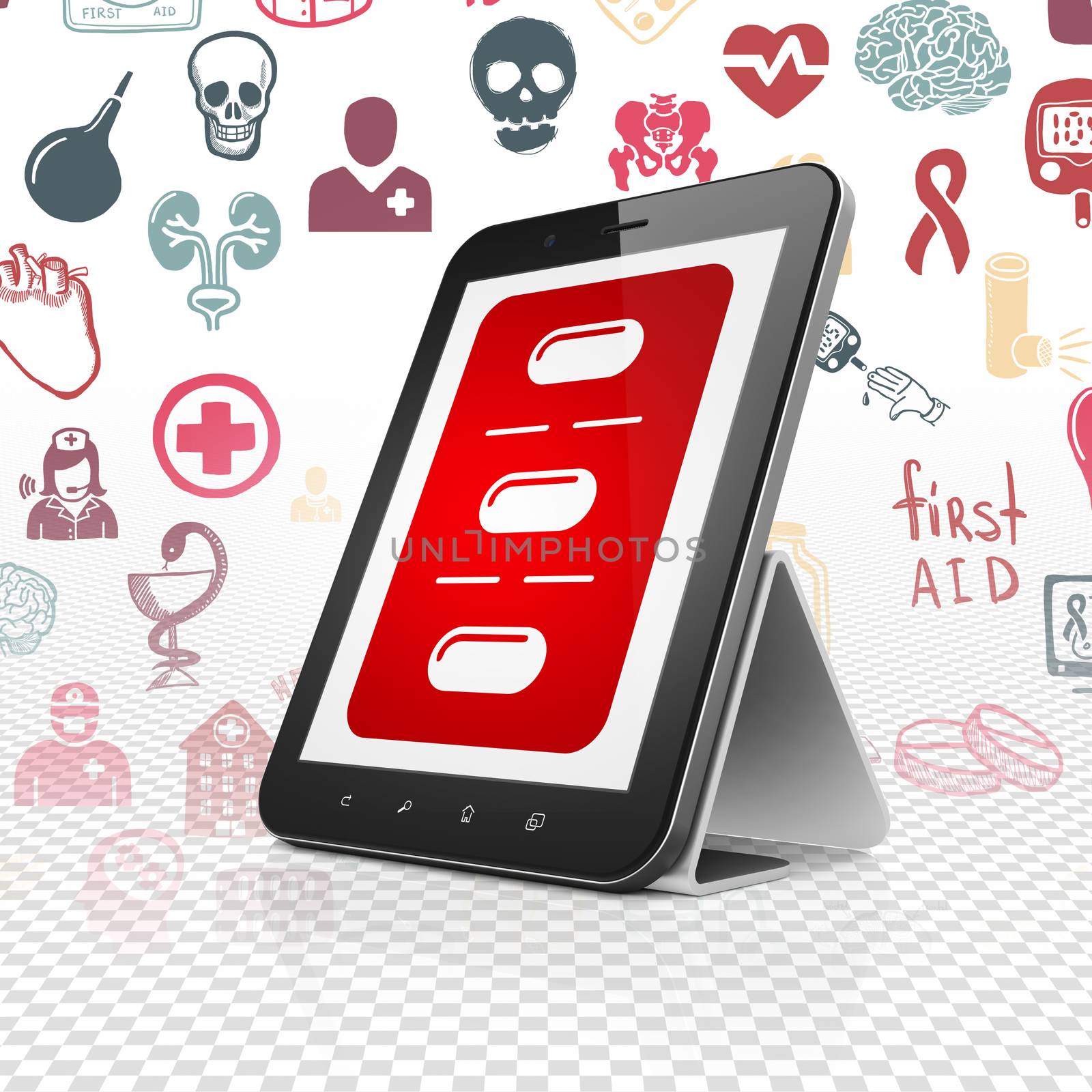 Medicine concept: Tablet Computer with  red Pills Blister icon on display,  Hand Drawn Medicine Icons background, 3D rendering