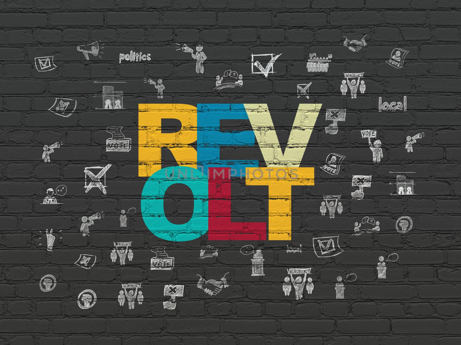 Political concept: Painted multicolor text Revolt on Black Brick wall background with  Hand Drawn Politics Icons