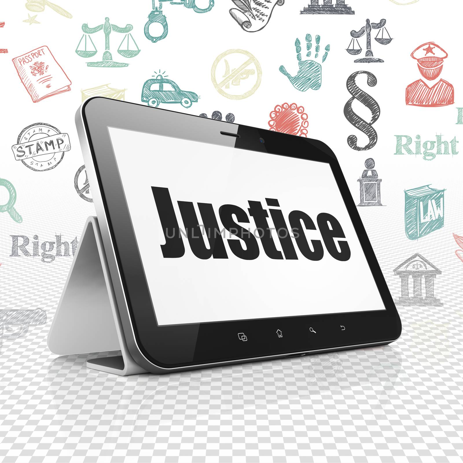 Law concept: Tablet Computer with  black text Justice on display,  Hand Drawn Law Icons background, 3D rendering