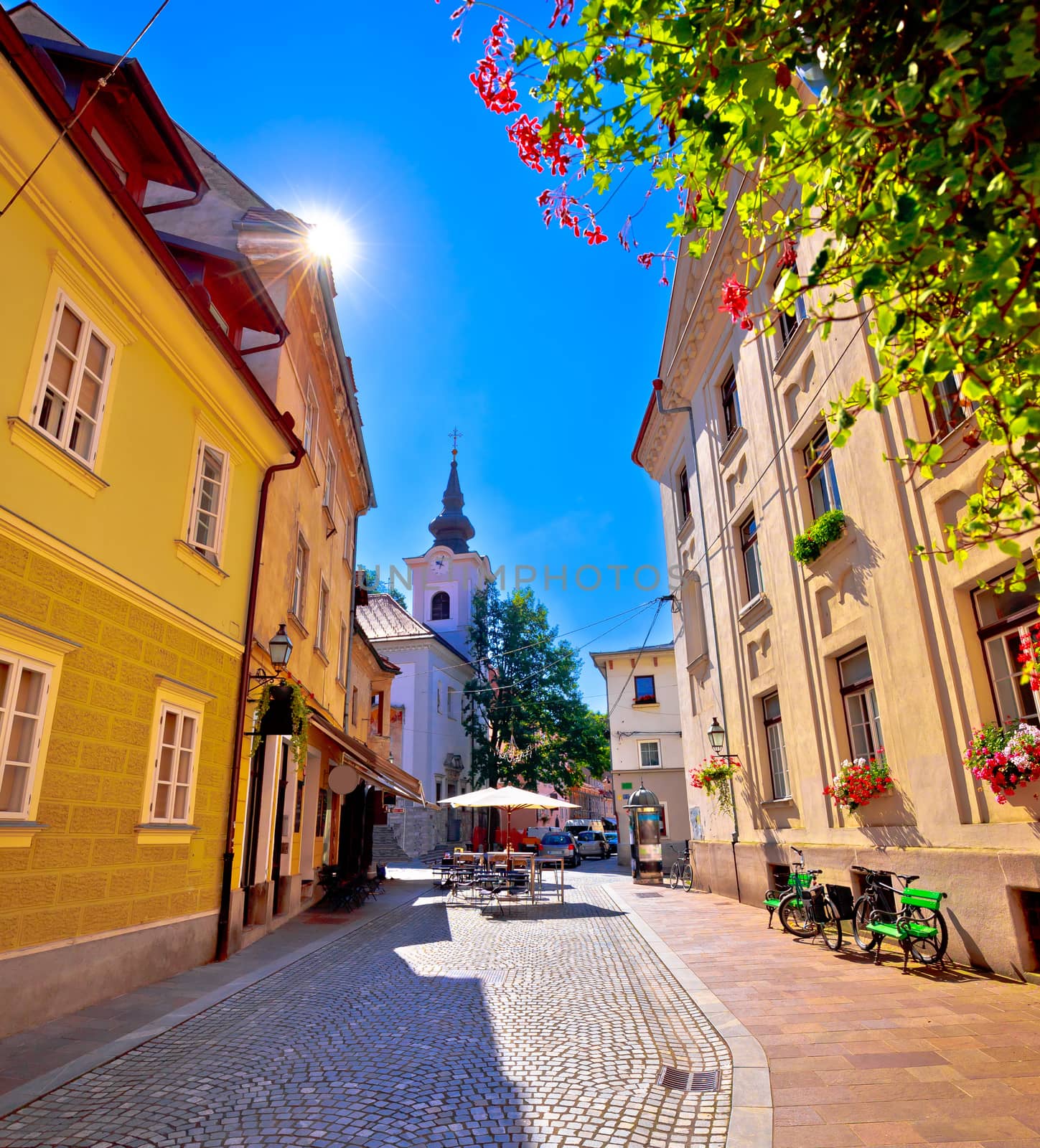 Cobbled old street and church of Ljubljana vertical view by xbrchx