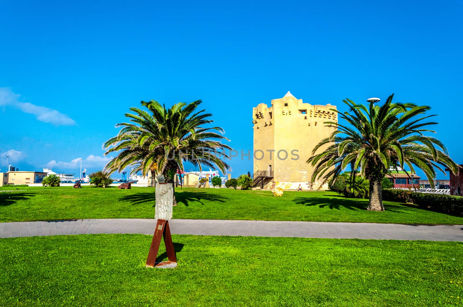 View of Aragonese tower in Porto Torres harbour by replica