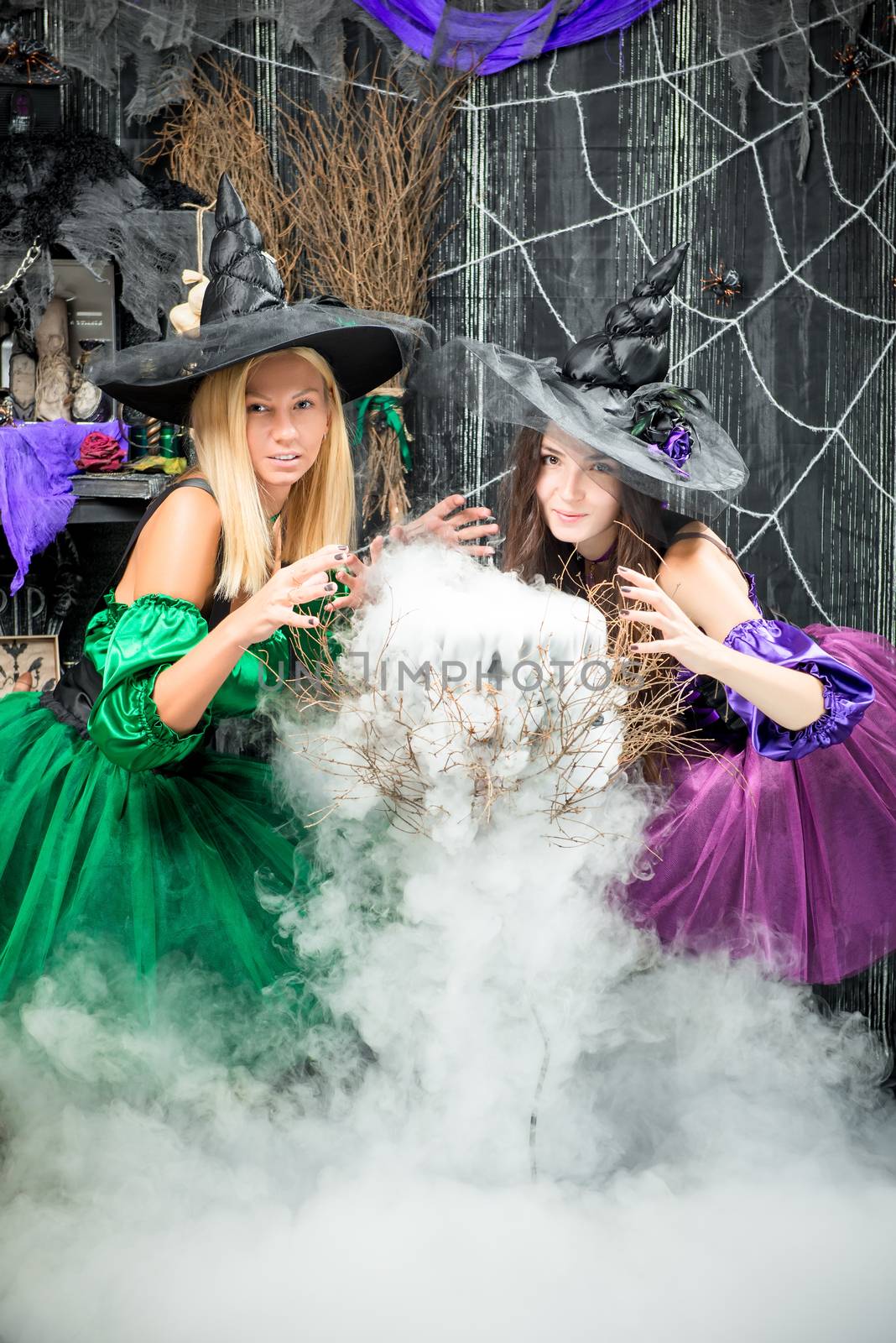 cute experienced witches cook a potion in the pot, steam is pouring from the boiler