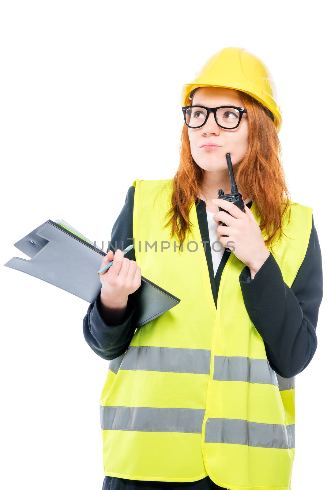 vertical portrait of a female foreman on a white background isolated