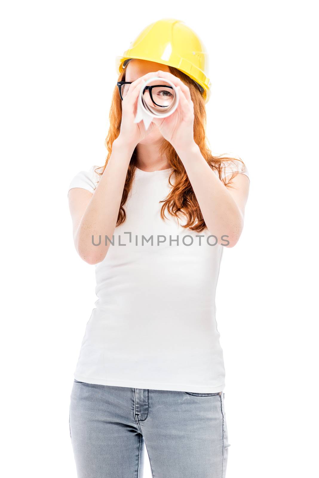 Red-haired girl in yellow helmet with drawings isolated