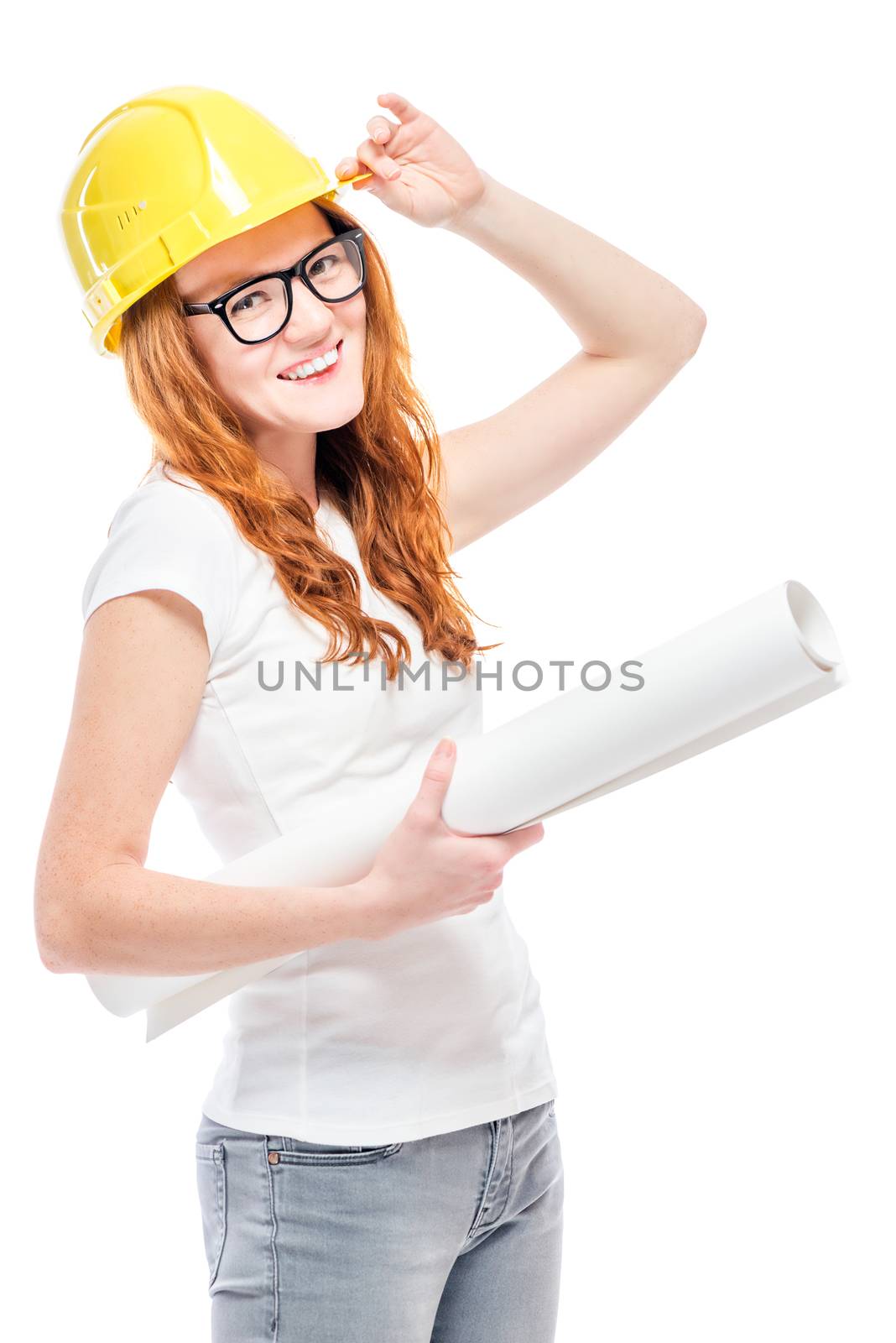 beautiful woman with projects in a yellow hard hat against a whi by kosmsos111