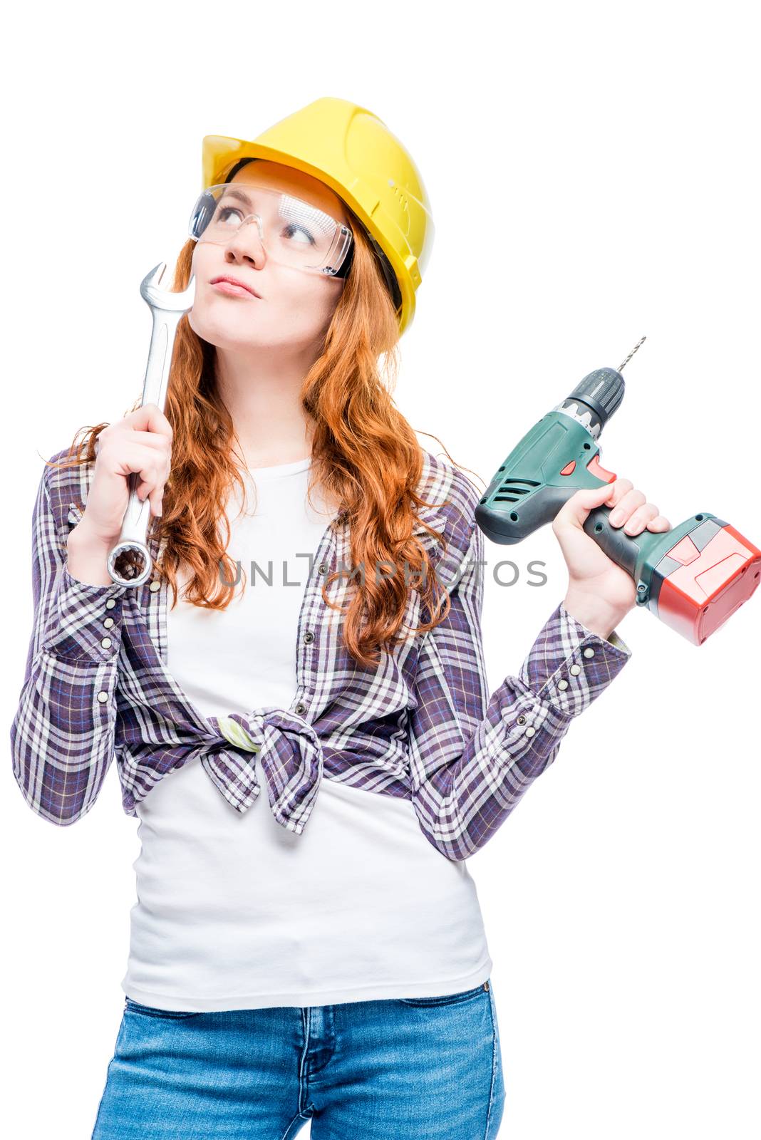 portrait of a woman with a male profession on a white background