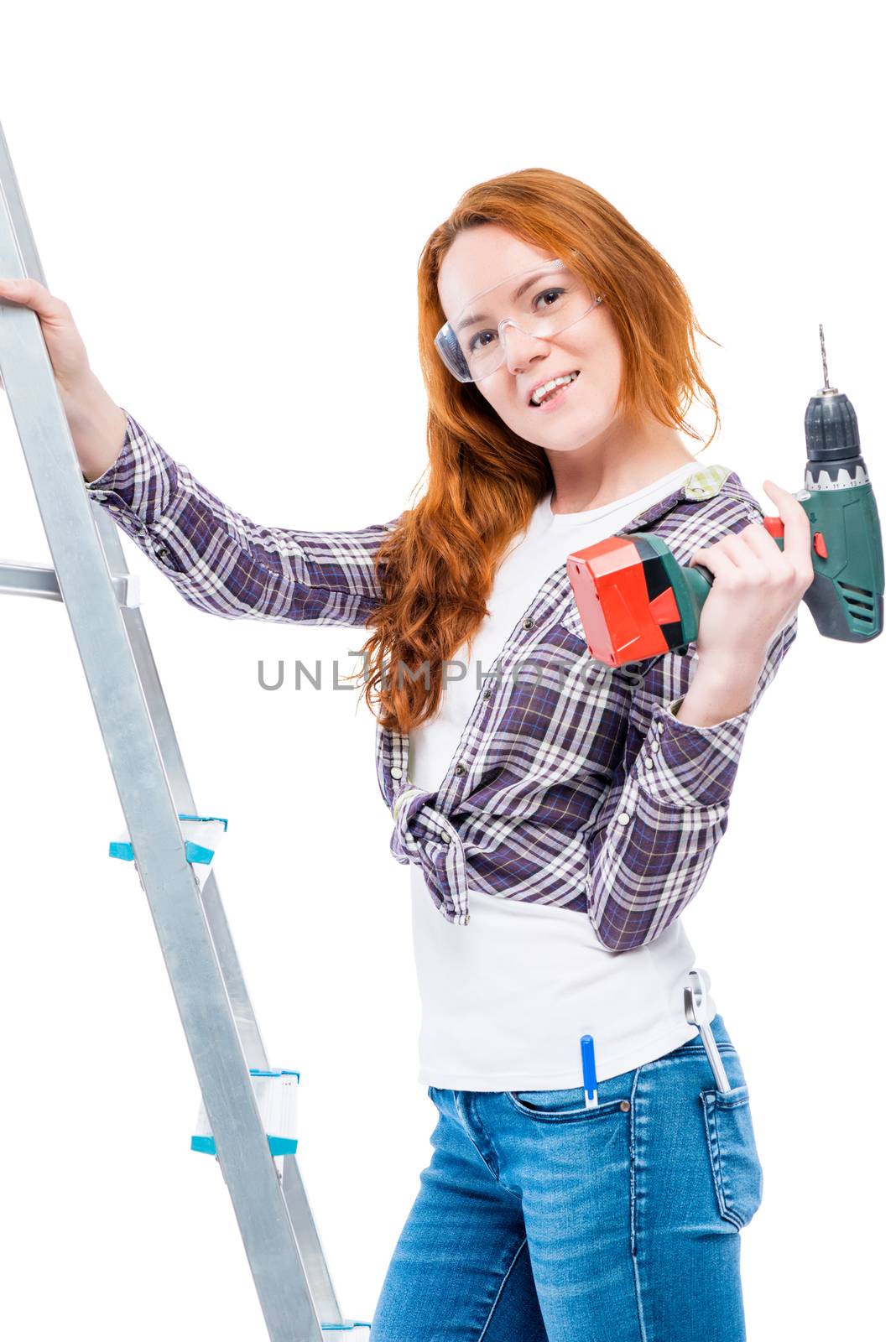 girl with a drill and stepladder on a white background by kosmsos111