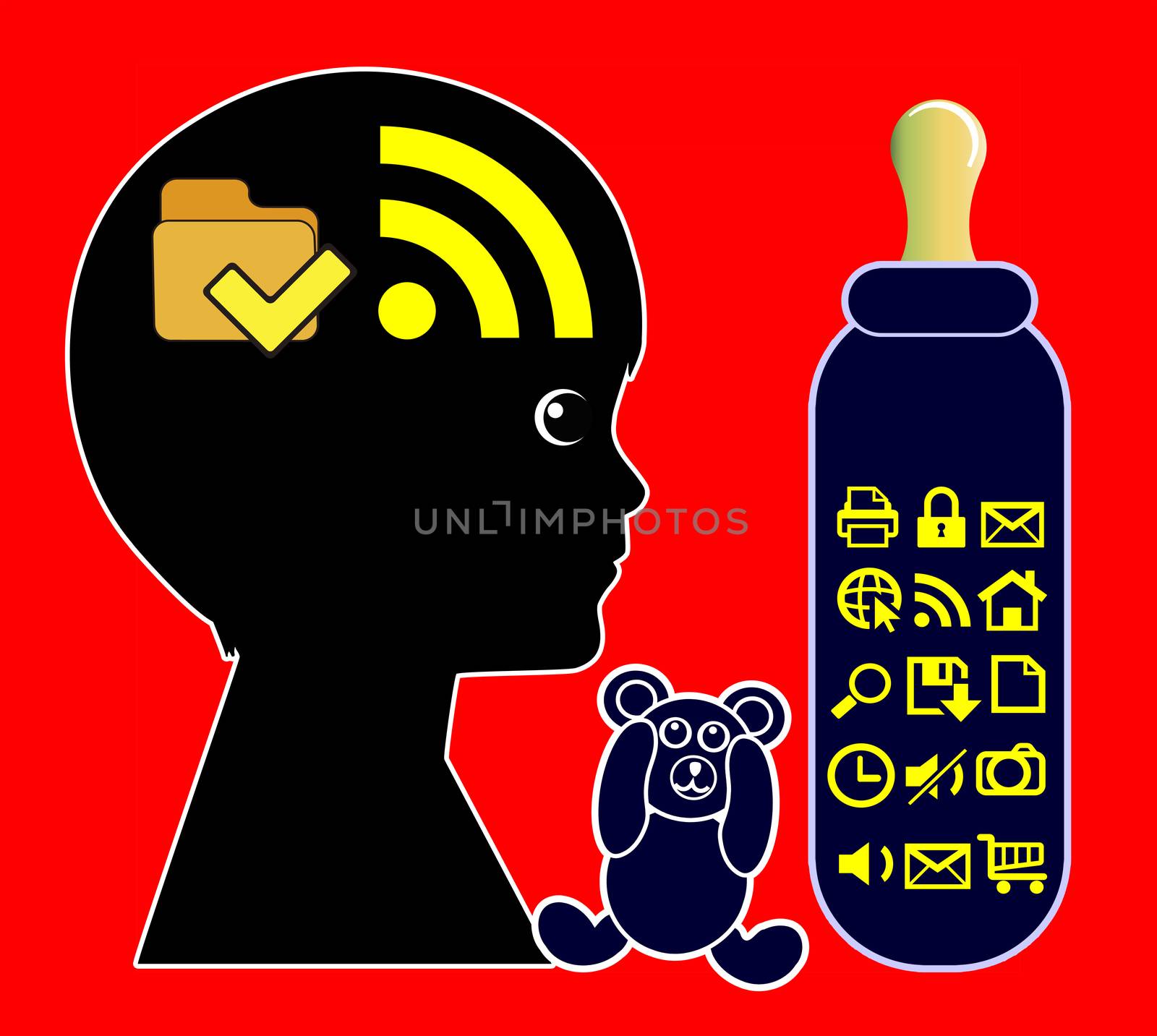 Concept sign of child growing up with computers and internet from day one which has become part of early childhood education and development