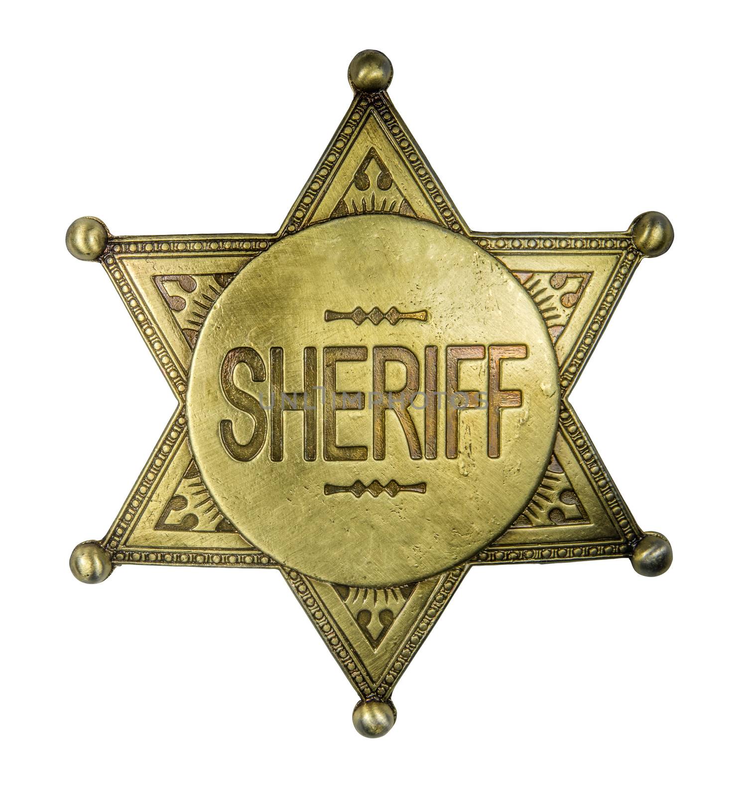 Isolated Retro Vintage Brass Sheriff Star Badge On A White Background