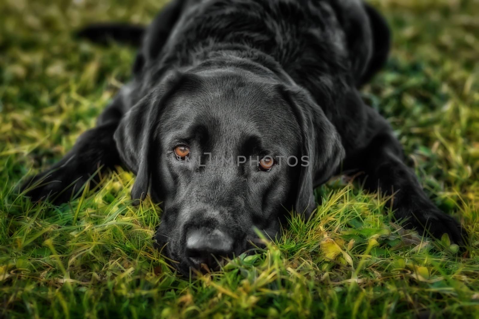 Black labrador retriever lying on the gras looking into the camera by sandra_fotodesign