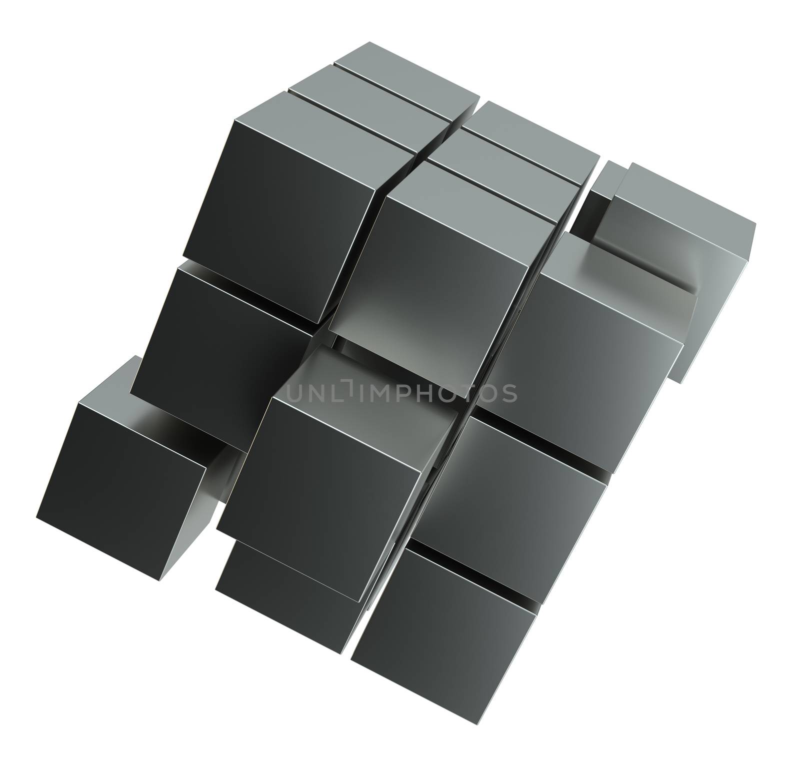 Abstract 3d illustration of cube assembling from blocks. Isolated on white. Template for your design