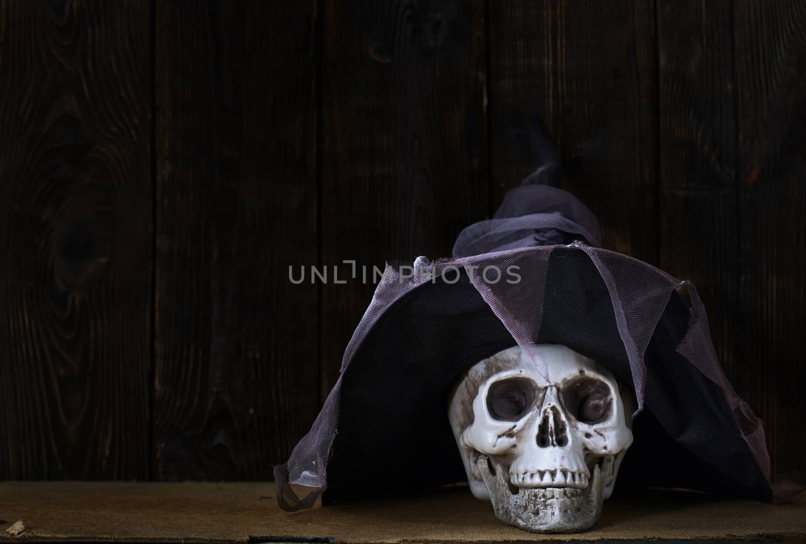 Human skull with magician hat at the wooden wall