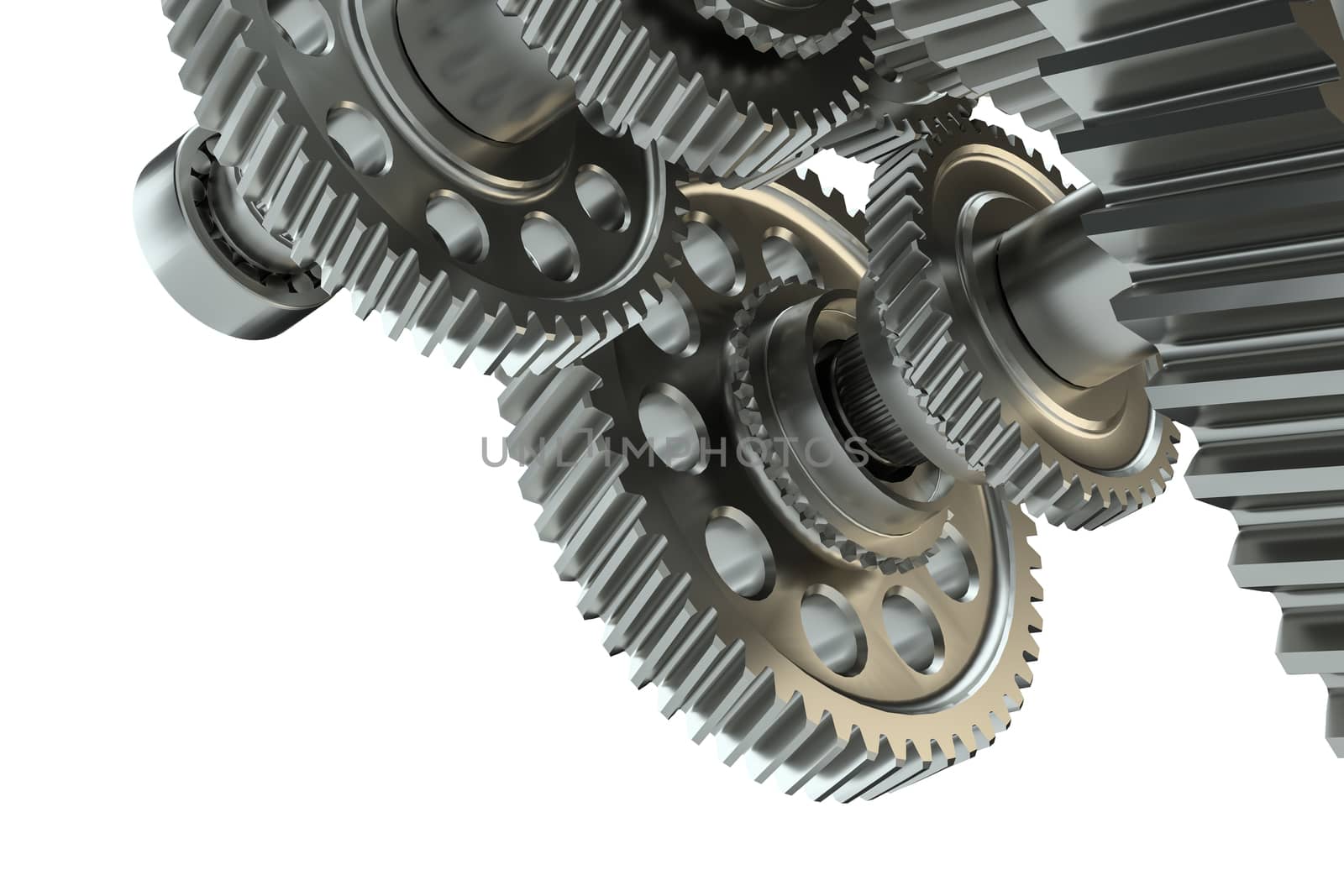 Engine gears wheels, closeup view. 3d illustration on white