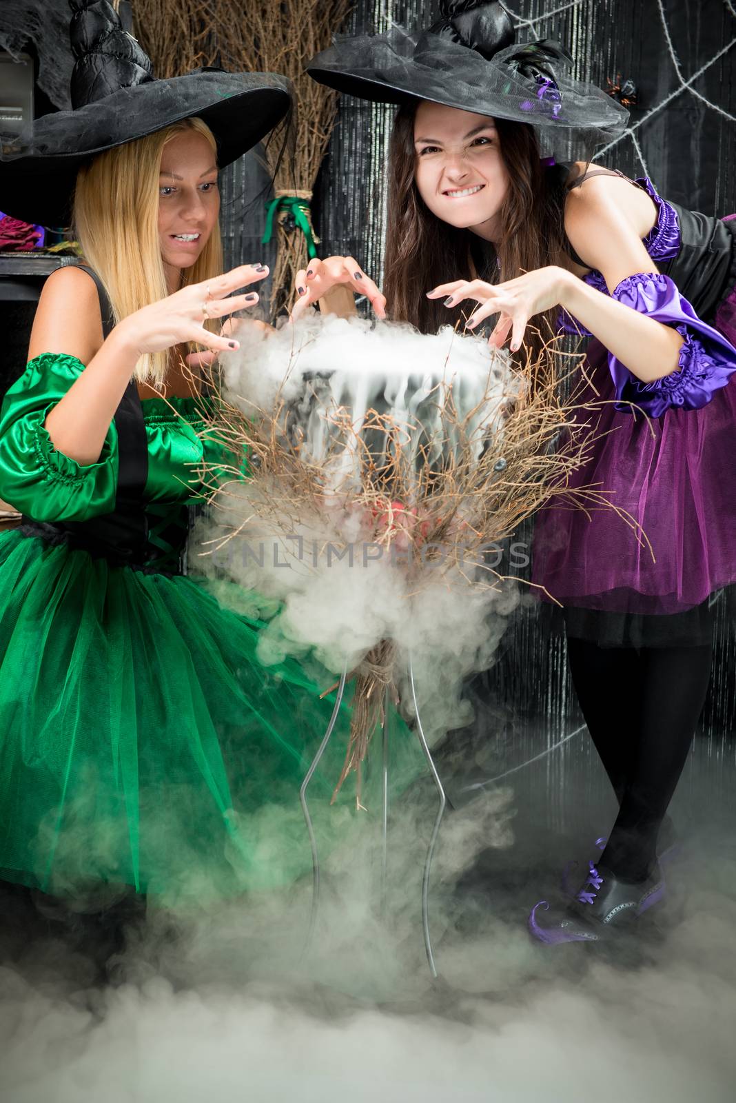 two evil witches brew a potion in the pot, to Halloween by kosmsos111