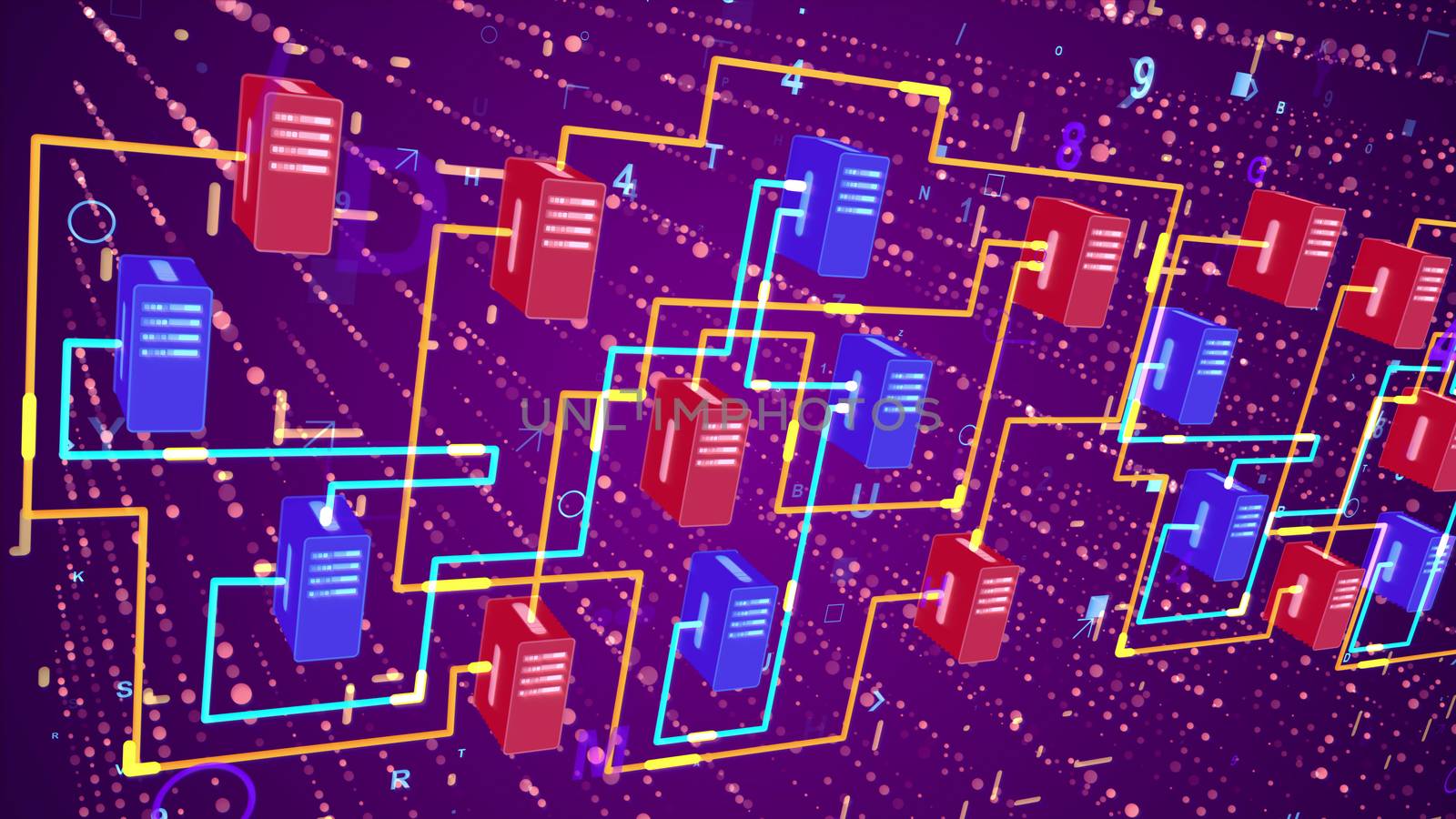 Superior 3d rendering of big data transfer through orange and blue lines, red and dark blue devices placed aslant. It happens in the violet background with bright spots and signs.