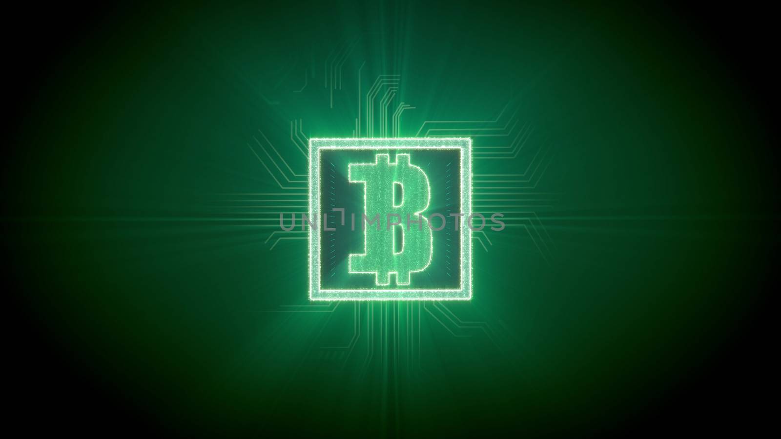 Imperial 3d illustration of a bitcoin shaped CPU in a bright square cross looking tubes around, sparkling lines in a cyberspace, in the dark green background. It looks dazzling and grand.