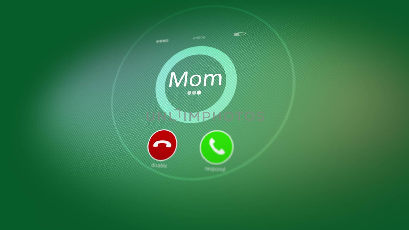 Hearty 3d rendering of an abstract phone calling, where the Mom inscription is seen. Also there are disable, and respond signs, put in the light green background. Mother is calling!