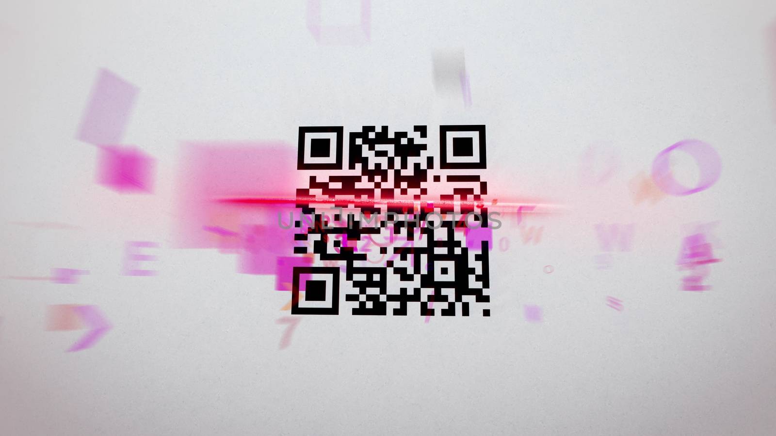Fuzzy 3d illustration of an abstract QR code scanning procedure with rushing symbols, numbers, figures of a pink color. The black and white code is covered with a red laser line