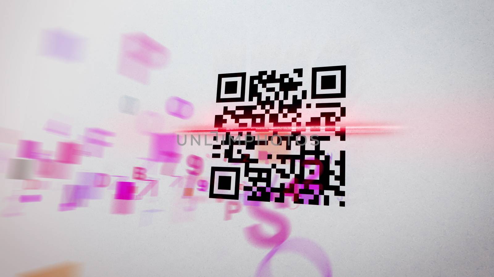 Misty 3d illustration of an abstract QR code scanning practice with dashing symbols, numbers, figures of a rosy color. In the middle, the black and white code is pierced with a red laser line
