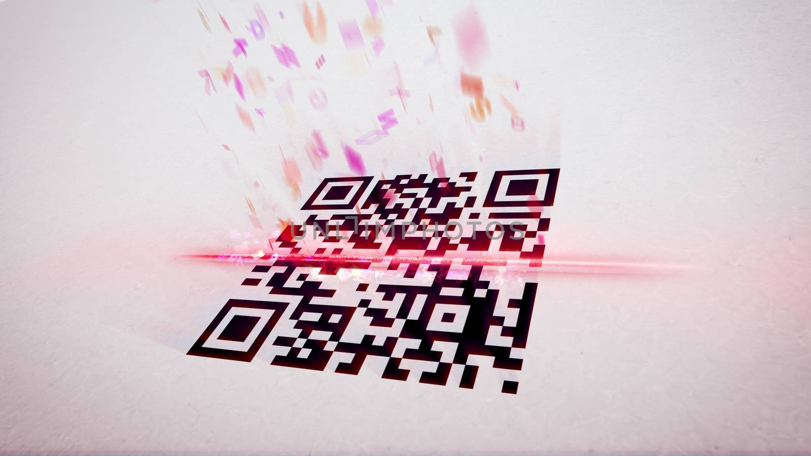 Arty 3d rendering of an abstract QR code scanning illustration put askew with flying up symbols, numbers, and figures of a rosy color. The black and white code is crossed with a red laser line