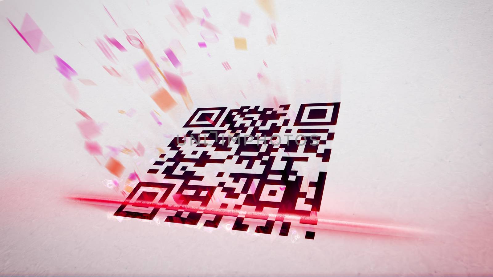 Original 3d rendering of an abstract QR code scanning illustration put aslant with flying up symbols, numbers, and figures of rosy and red colors. The black and white code is with a red laser line
