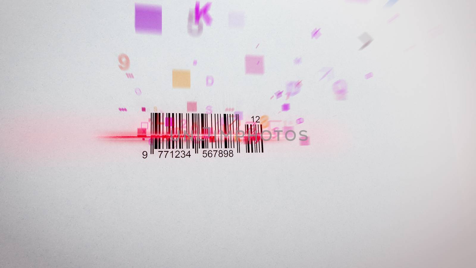 Impressive 3d illustration of an abstract Barcode scanning procedure with flying symbols, numbers, figures of yellow, red and pink colors. The black and white code is covered with a red laser line