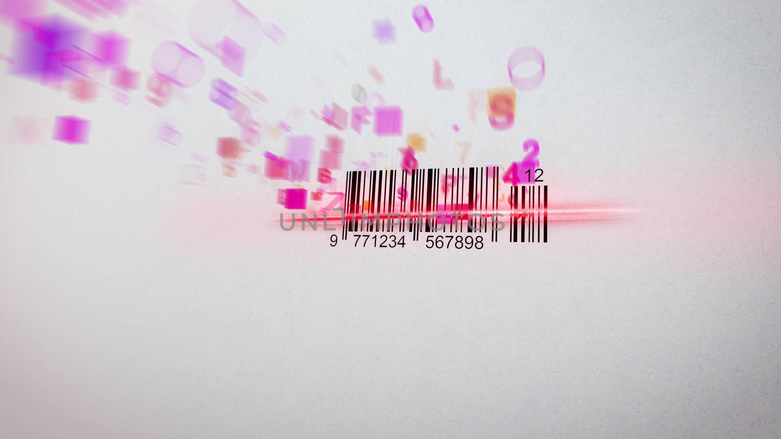 Wonderful 3d rendering of an abstract Barcode scanning process with spinning symbols, numbers, figures of violet, orange and pink colors. F,S, 2,4, are rushing over the black and white code