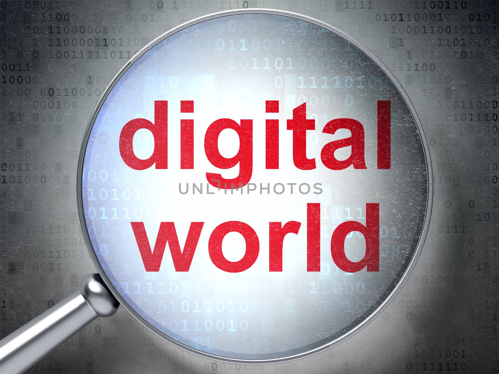 Data concept: magnifying optical glass with words Digital World on digital background, 3D rendering
