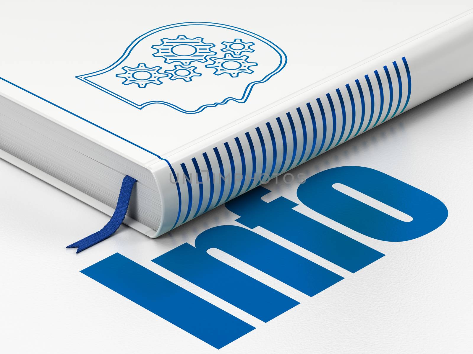 Information concept: closed book with Blue Head With Gears icon and text Info on floor, white background, 3D rendering