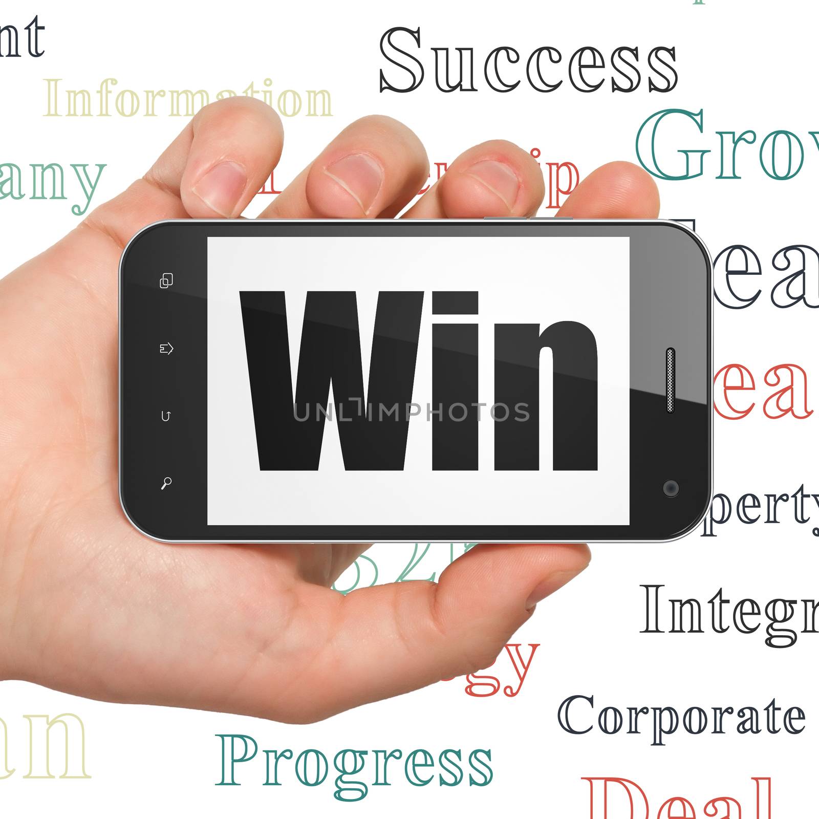 Business concept: Hand Holding Smartphone with Win on display by maxkabakov