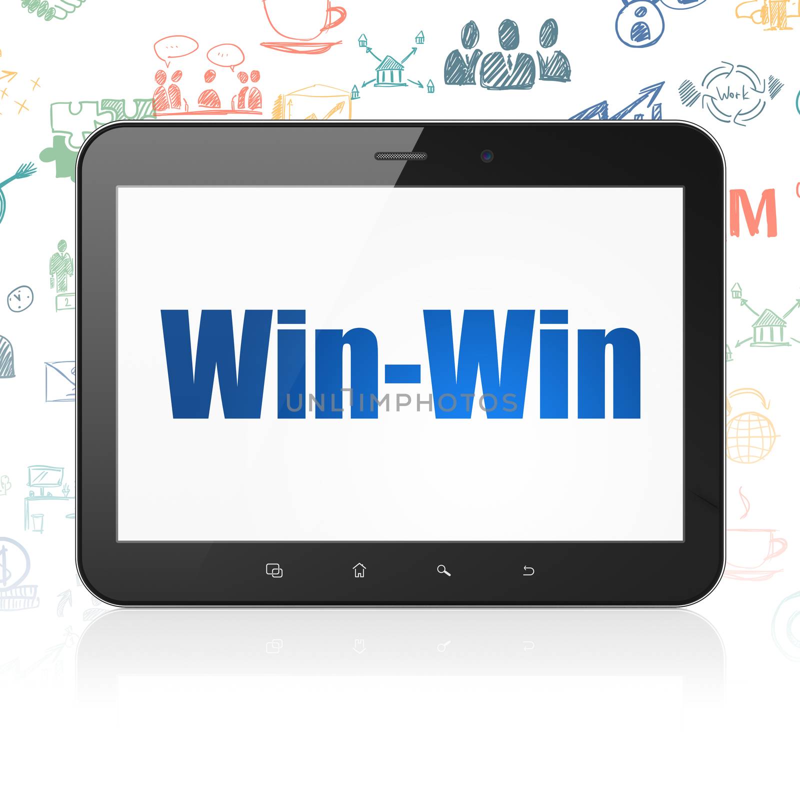 Finance concept: Tablet Computer with  blue text Win-Win on display,  Hand Drawn Business Icons background, 3D rendering