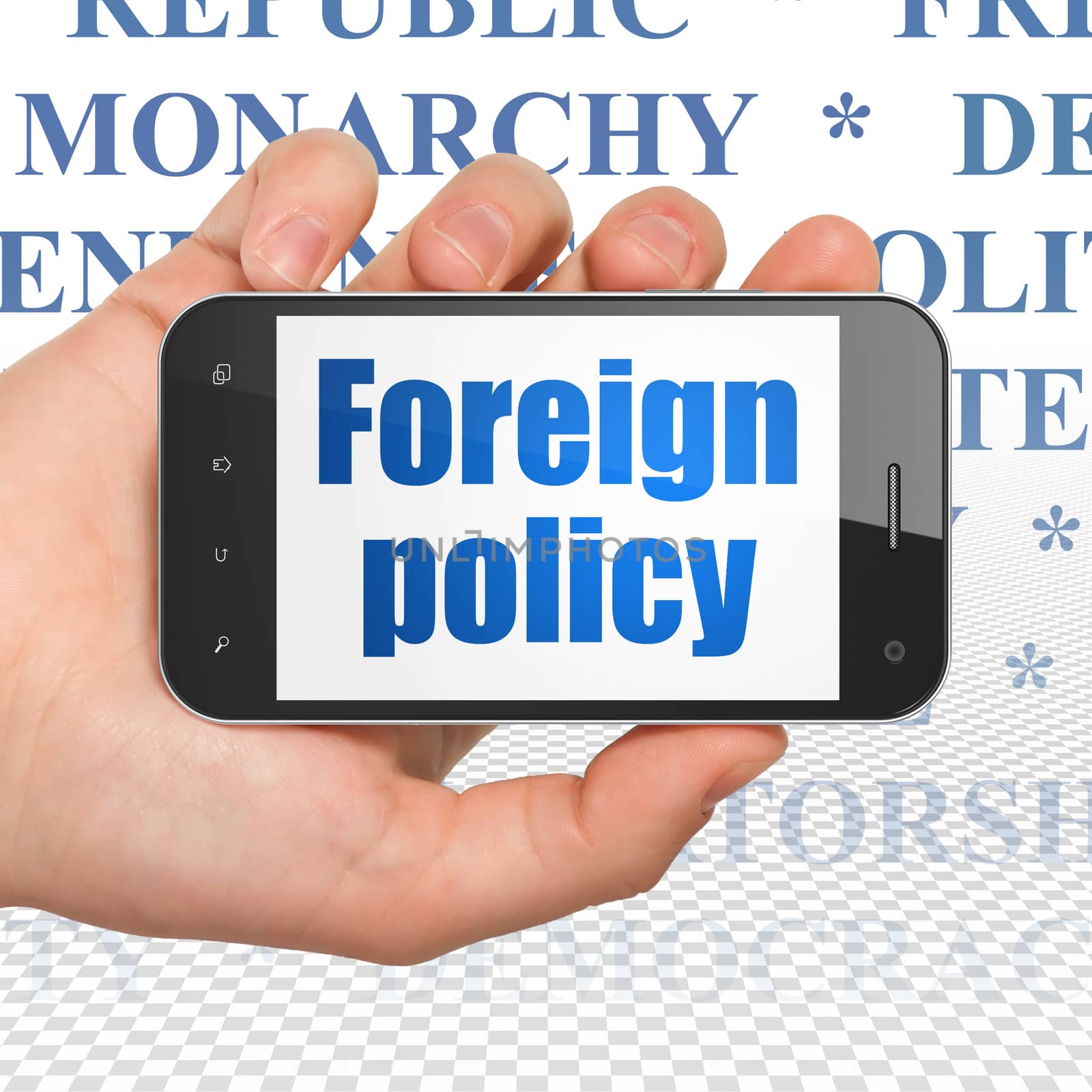 Political concept: Hand Holding Smartphone with  blue text Foreign Policy on display,  Tag Cloud background, 3D rendering