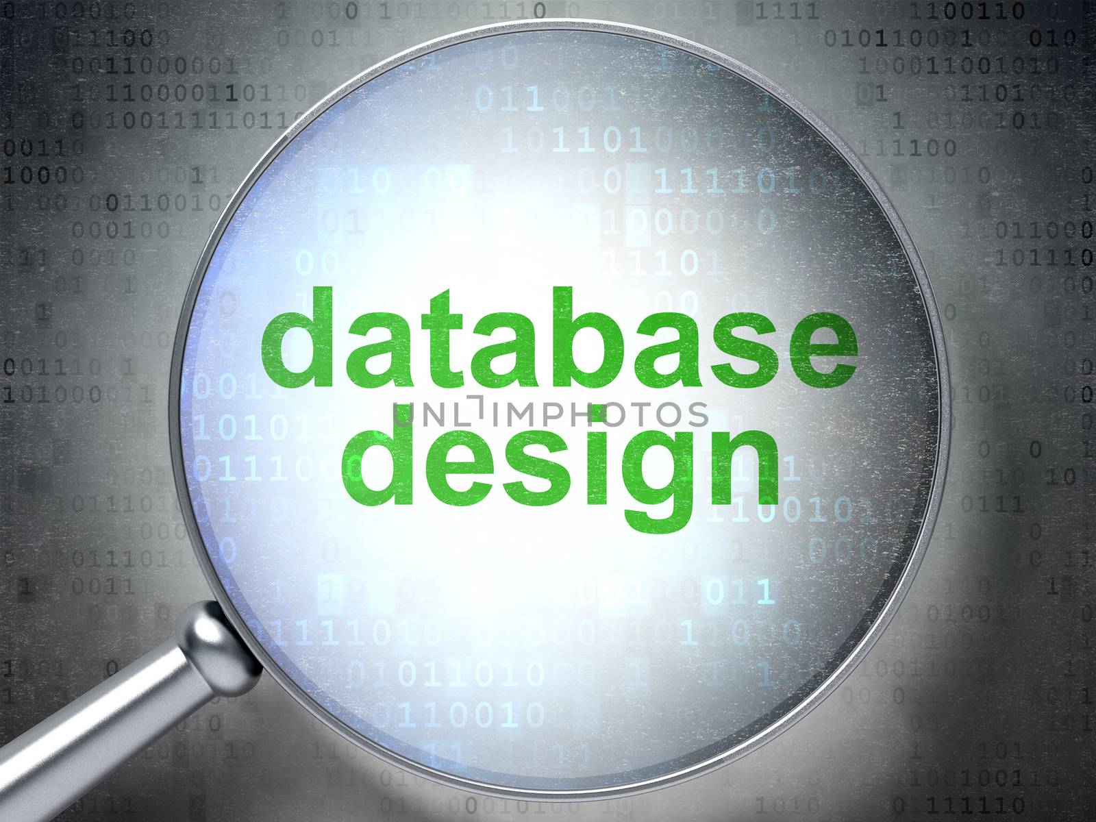 Database concept: magnifying optical glass with words Database Design on digital background, 3D rendering