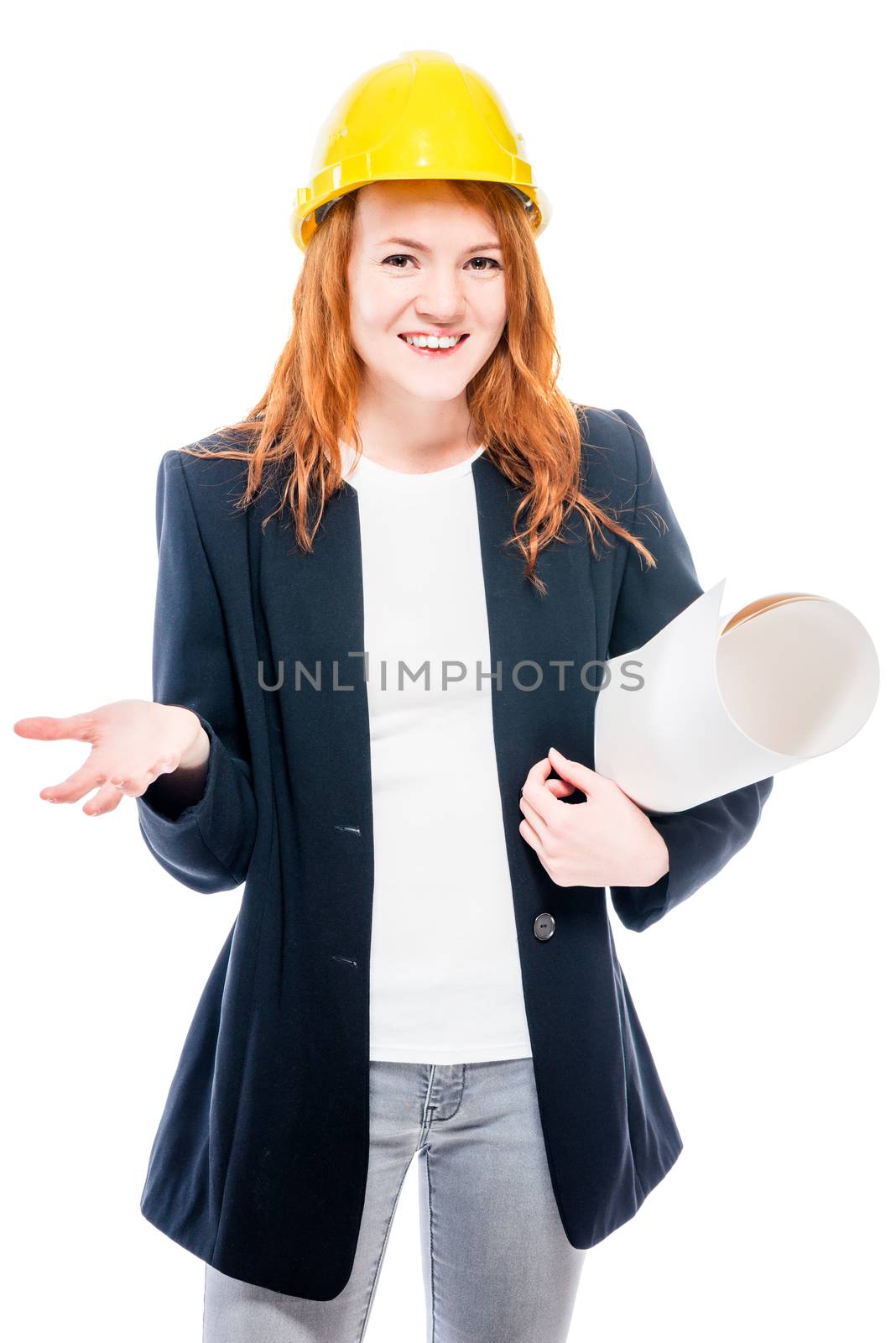 Vertical portrait of a woman chief architect with drawings in yellow helmet isolated