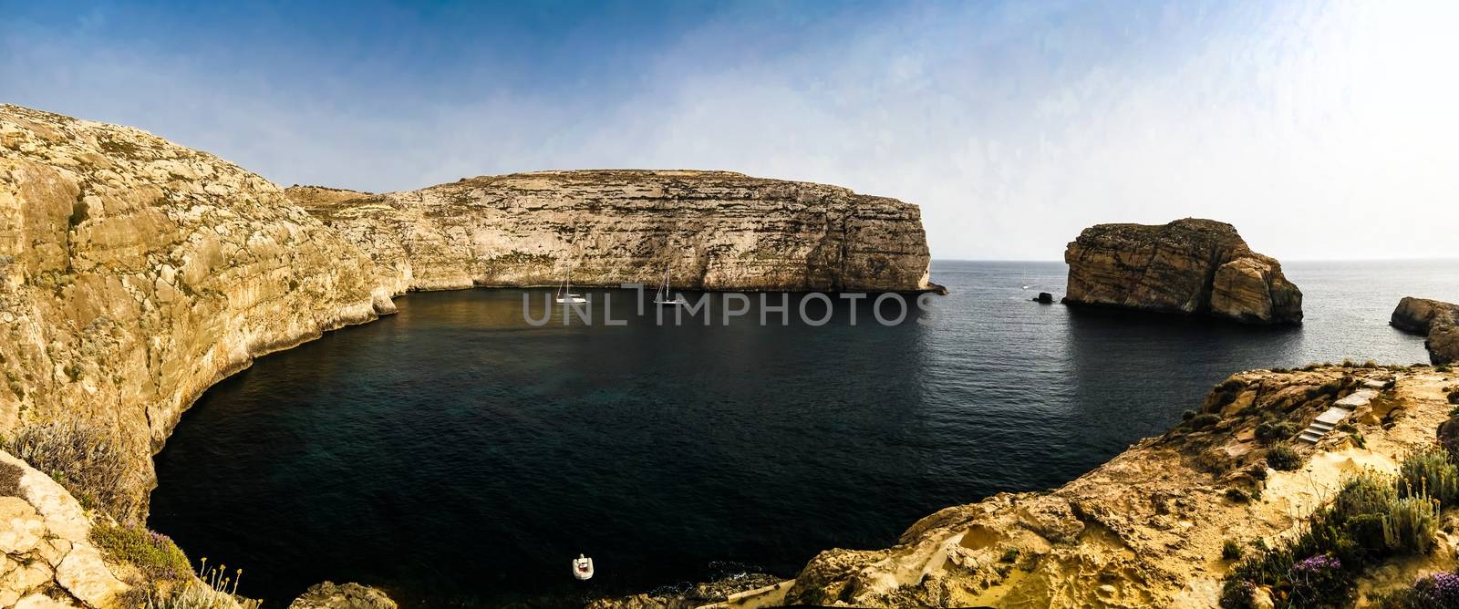 Panorama view to Dwejra bay and Mushroom aka Fungus rock, Gozo, Malta