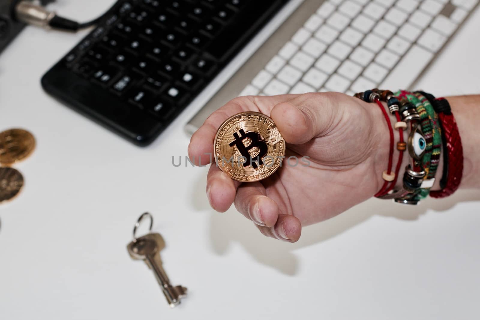 Digital currency physical metal bitcoin coin. Cryptocurrency coins concept.