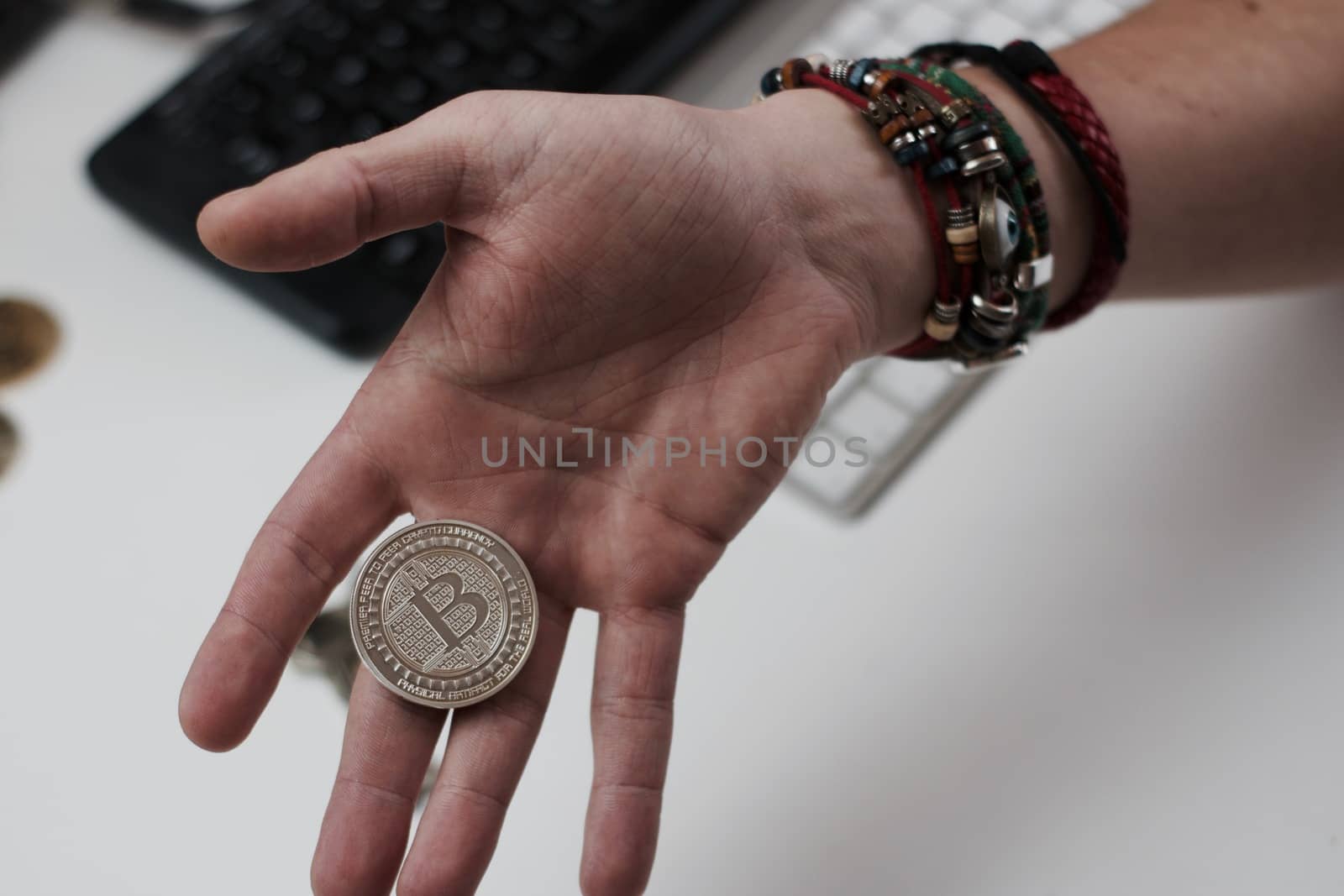 Digital currency physical metal bitcoin coin. Cryptocurrency coins concept.