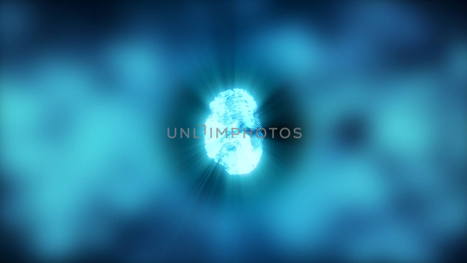 Abstract background with fingerprint. Digital illustration on blue bokeh backdrop. 3d rendering